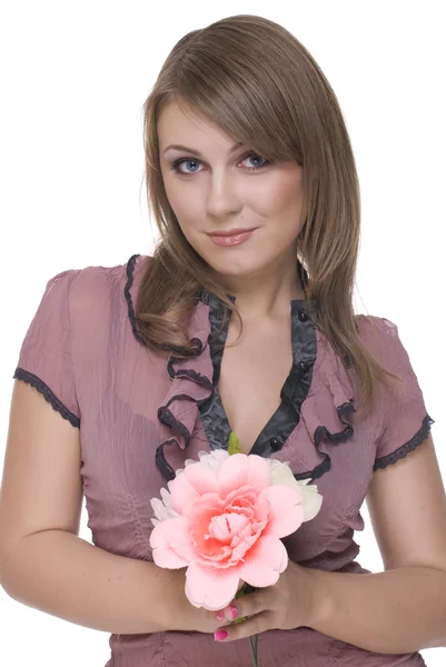 Närbild porträtt av ung vacker kvinna med blomma — Stockfoto