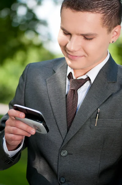 Business man talk by mobile phone. Student — Stock Photo, Image