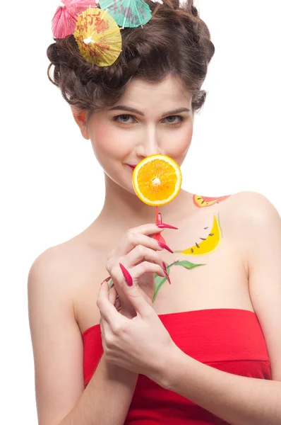 Close up retrato de mulher de beleza com fruta bodyart e suculento o — Fotografia de Stock