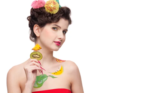 Zblízka portrét Krása ženy s ovocem bodyart a ovoce c — Stock fotografie