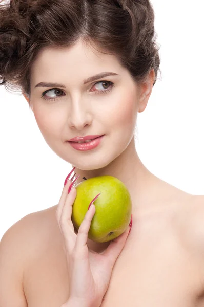 Primer plano retrato de la mujer de belleza con manzana verde . —  Fotos de Stock