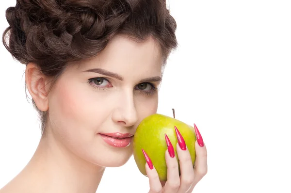 Close-up van portret van schoonheid vrouw met groene apple. — Stockfoto