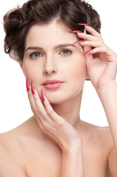 Portret van schoonheid vrouw met perfecte huid en rode nagel close-up — Stockfoto