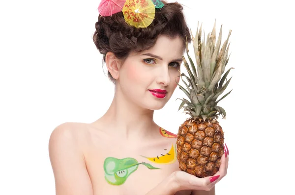 Close up portrait of beauty woman with fruit bodyart and pineapp — Stock Photo, Image