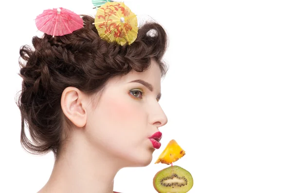 Close up portrait of beauty woman with fruit bodyart and fruit c — Stock Photo, Image