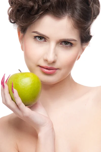 Close up portrait of beauty woman with green apple. — Stock Photo, Image