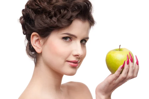 Κοντινό πλάνο με πορτρέτο του γυναίκα ομορφιά με πράσινο μήλο. — Φωτογραφία Αρχείου