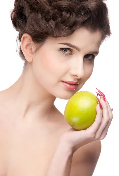Bliska portret uroda kobiety z zielonym jabłkiem. — Zdjęcie stockowe