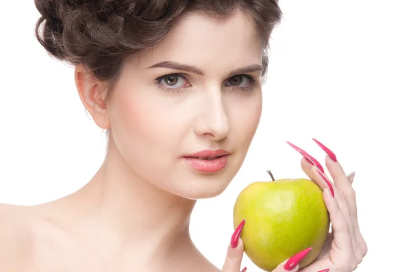 Close up portrait of beauty woman with green apple. — Stock Photo, Image