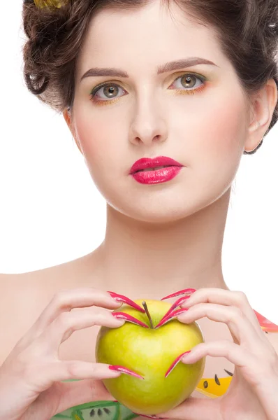 Close up portrait of beauty woman with fruit bodyart and apple — Stock Photo, Image