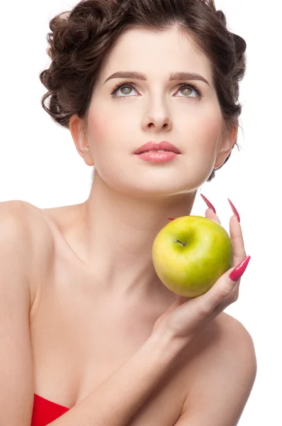 Bliska portret uroda kobiety z zielonym jabłkiem. — Zdjęcie stockowe