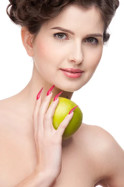 Közelről beauty zöld alma nő portréja. — Stock Fotó