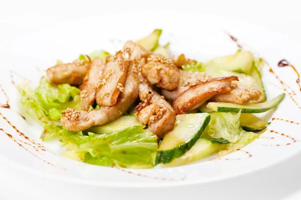 stock image Grilled chicken salad on white