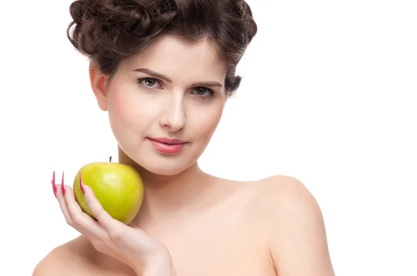 Close-up van portret van schoonheid vrouw met groene apple. Rechtenvrije Stockfoto's