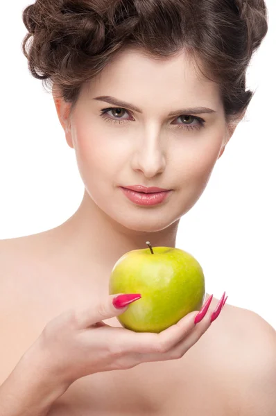 Yeşil elma ile güzellik kadın portresi yukarıya kapatmak. Stok Fotoğraf