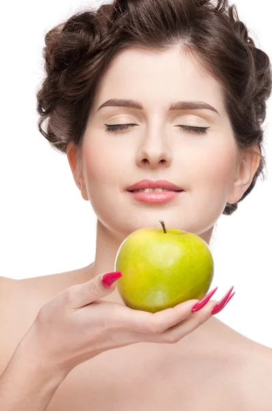 Close-up van portret van schoonheid vrouw met groene apple. Stockfoto