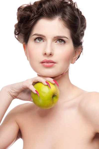 Yeşil elma ile güzellik kadın portresi yukarıya kapatmak. Stok Fotoğraf