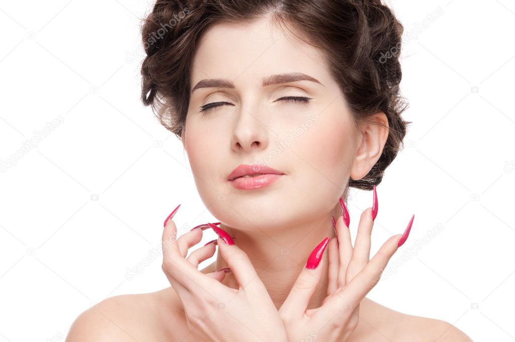 Close up portrait of beauty woman with perfect skin and red nail
