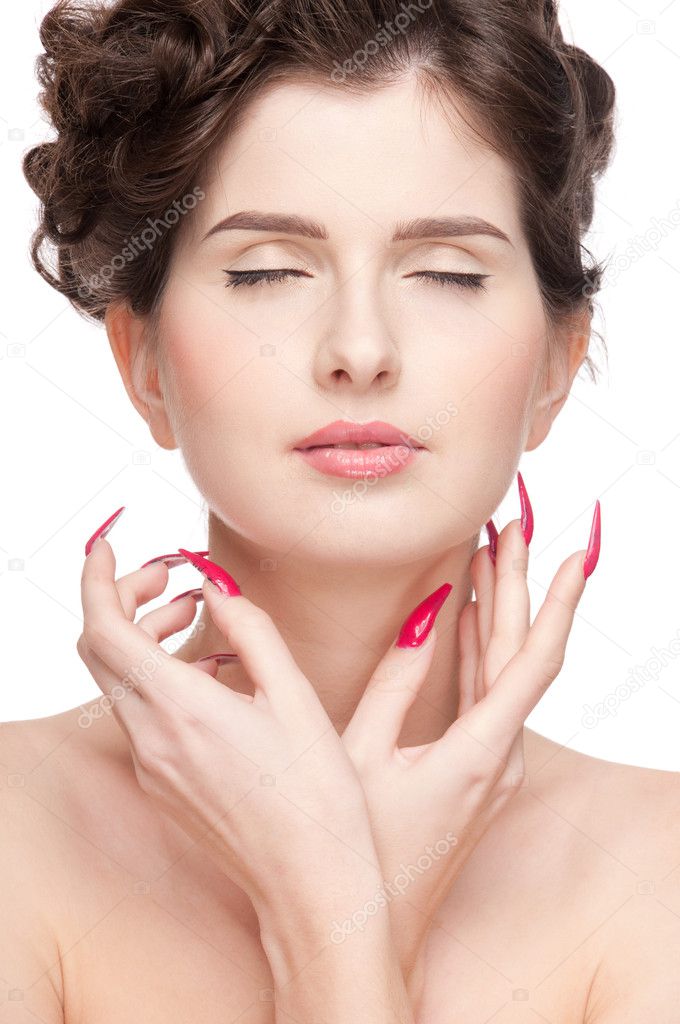 Close up portrait of beauty woman with perfect skin and red nail