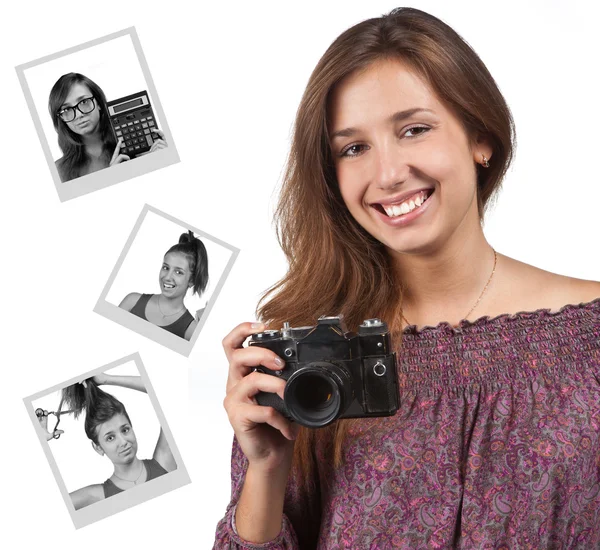 Młoda brunetka dziewczyna z kamerą — Zdjęcie stockowe
