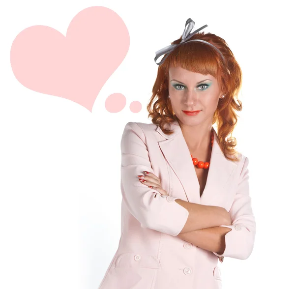 Portrait of a red-haired girl in a white suit — Stock Photo, Image