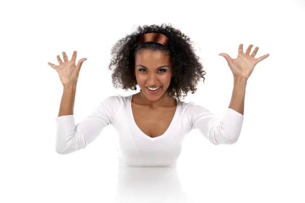 Stock image Portrait of a beautiful dark-skinned woman in a white dress in t