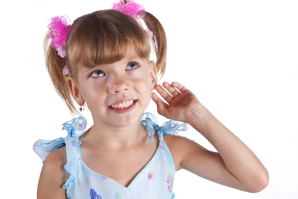 stock image Portrait of a cute little girl in blue dress