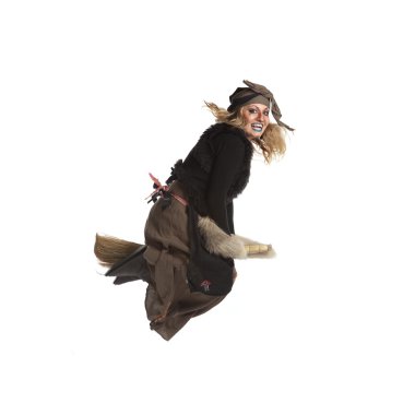 Young woman witch fly on broom clipart