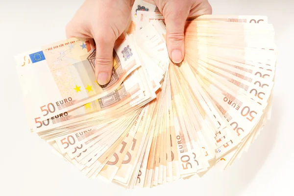 Hands holding 5000 euro in banknotes — Stock Photo, Image