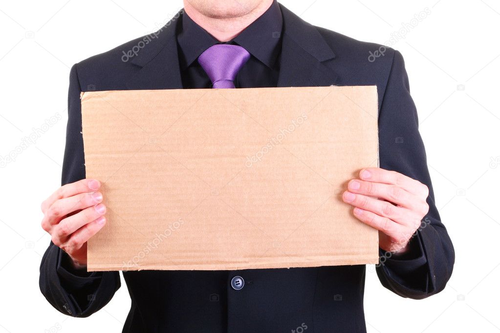 Businessman with blank cardboard sign