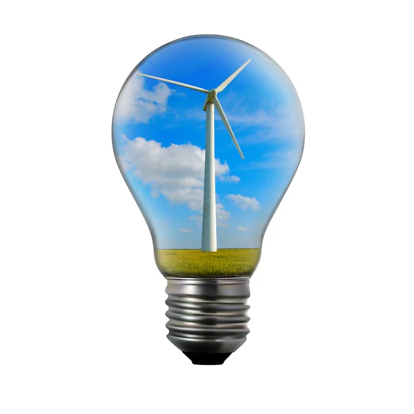 Alternativ energikoncept. glödlampa med mill vindkraftgenerator inuti. — Stockfoto