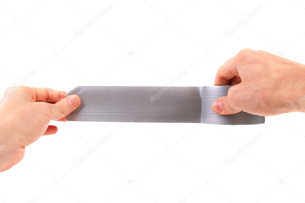 Roll of duct tape in hands on white background