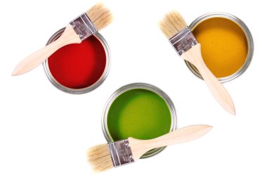 Colorful paint cans with brushes clipart