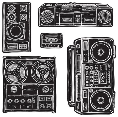 Set of black&white vector tape recorders. clipart