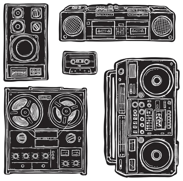 Set of black&white vector tape recorders. — Stock Vector