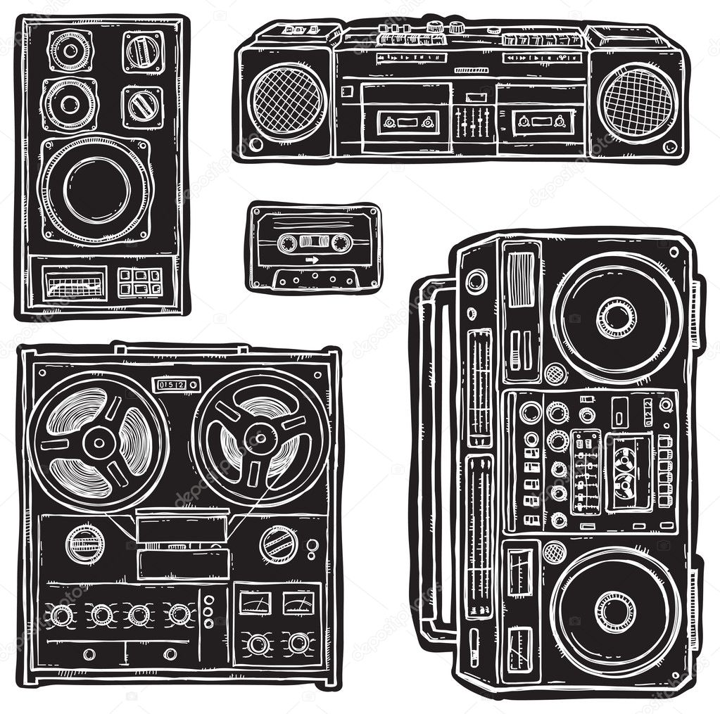 Set of black&white vector tape recorders.
