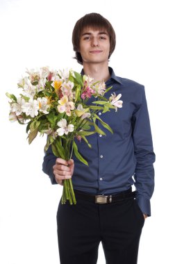 Happy men hold bouquet of flowers and gift. isolated on white b