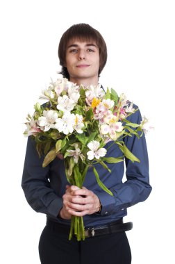 Happy men hold bouquet of flowers and gift. isolated on white b