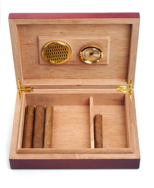 Opened humidor with cigars isolated on white background — Stock Photo, Image