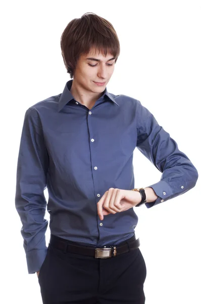 Feliz joven Empresario que ver en reloj aislado en ba blanca — Foto de Stock