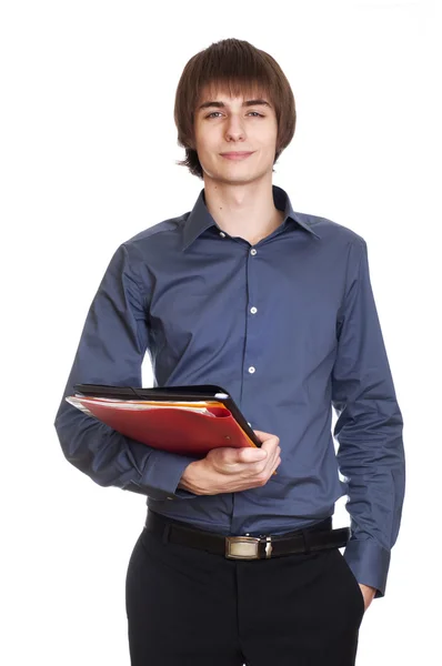 stock image Happy young businessman hold folder with documents. isolated on