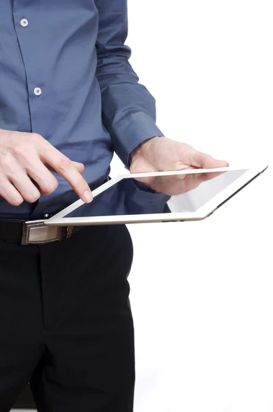 stock image Tablet in man hand. isolated on white background