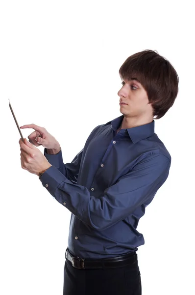 stock image Young Businessmansaw something strange on his tablet in his hand