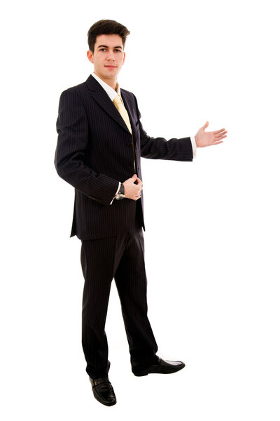 Young business man presenting over a white background
