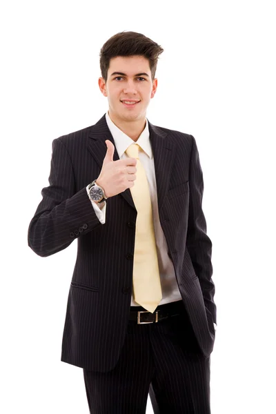 Jovem homem de negócios polegar para cima, isolado em branco — Fotografia de Stock
