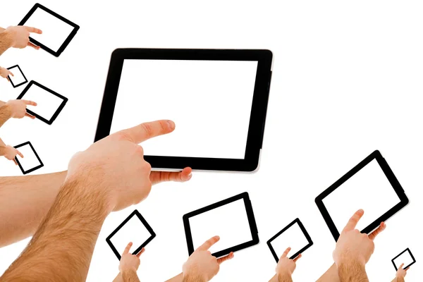 Mnoho mužské ruce držící tablet pc na bílém pozadí — Stock fotografie