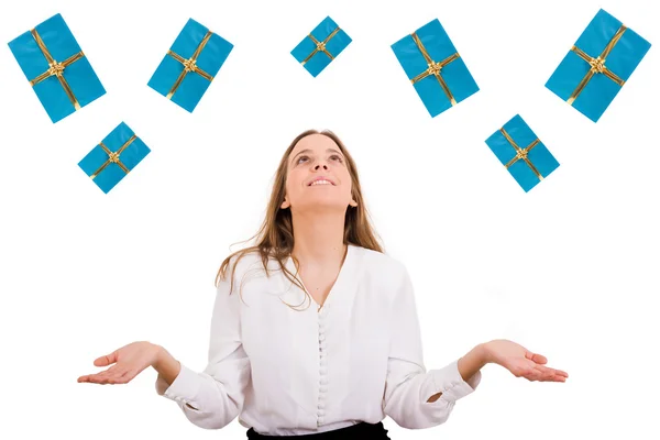 Excited beautiful woman with many gift boxes — Stock Photo, Image