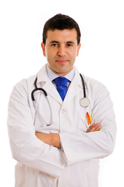 Vriendelijke mannelijke arts glimlachen - geïsoleerd op een witte achtergrond — Stockfoto