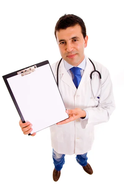 Bovenaanzicht van een glimlachende jonge arts met een witte Blanco kaart is — Stockfoto