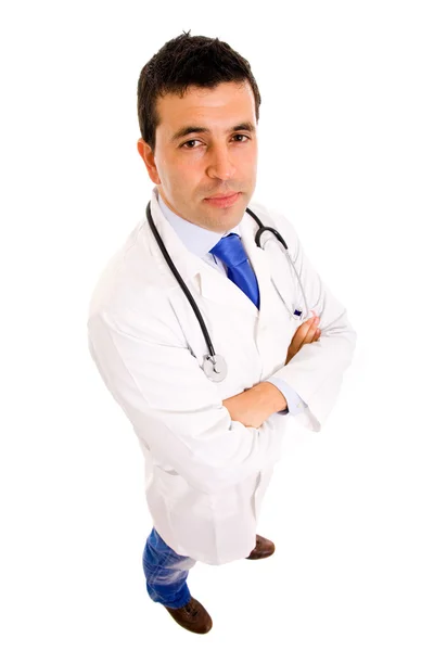 Fulla längd av unga manliga läkare står mot vit bakgrunds — Stockfoto